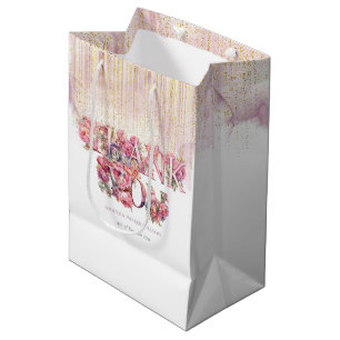 Personalised Baby Shower Floral Letters Pink Gold Medium Gift Bag