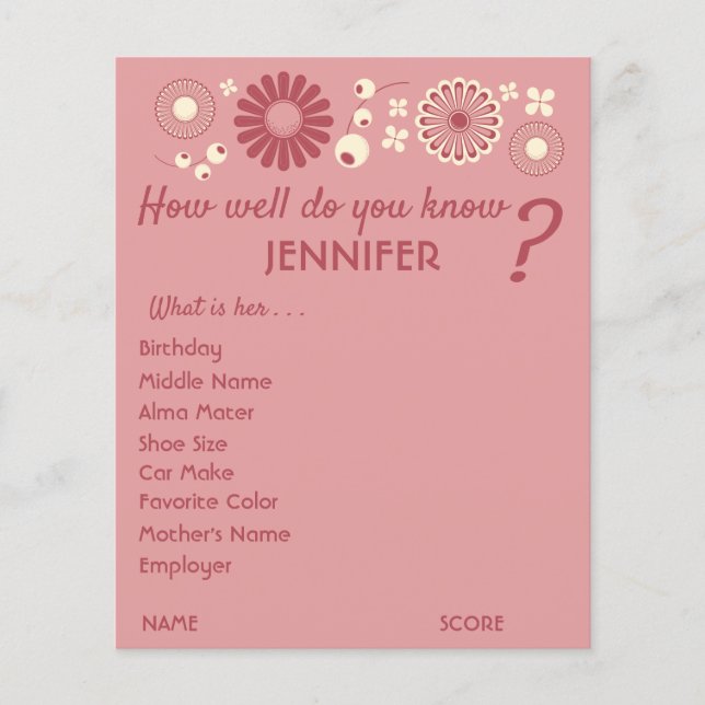 Personalised Baby Shower Game Sheets Pink Floral Flyer (Front)