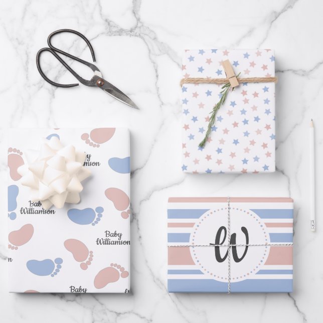 Personalised Baby Shower Gender Reveal Monogram Wrapping Paper Sheet (Front)