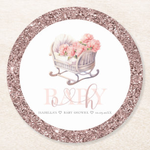 Personalised Baby Shower Glitter Baby Basket Round Paper Coaster