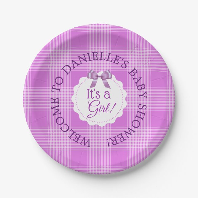 Personalised Baby Shower Purple Plaid Paper Plates (Front)