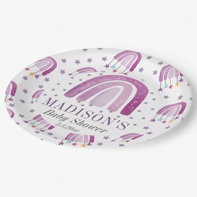 Personalised Baby Shower Purple Rainbow Paper Plate (Angled)