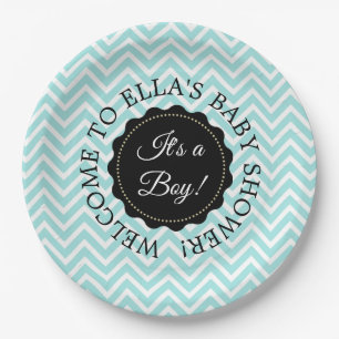 Personalised Baby Shower Teal Chevron Paper Plates
