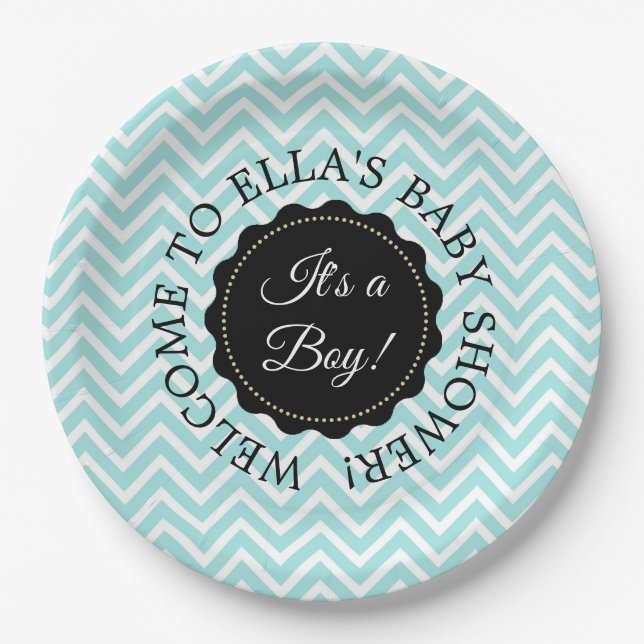 Personalised Baby Shower Teal Chevron Paper Plates (Front)