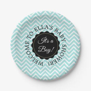 Personalised Baby Shower Teal Chevron Paper Plates