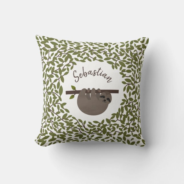 Personalised Baby Sloth Greenery Pillow (Front)