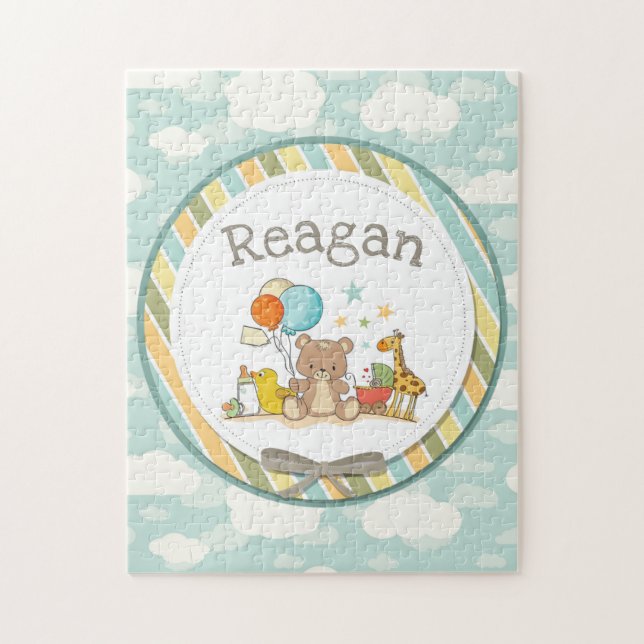 Personalised Baby Teddy Bear Giraffe Rubber Ducky Jigsaw Puzzle (Vertical)