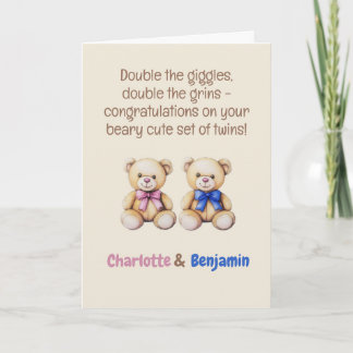 Personalised Baby Twins Congratulations, Bears Card