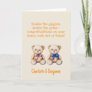 Personalised Baby Twins Congratulations, Bears Card