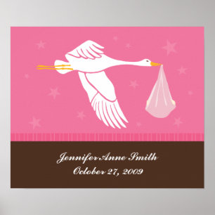Personalised Baby Wall Art - Stork/Pink & Brown