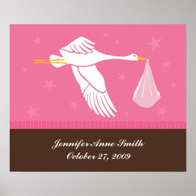 Personalised Baby Wall Art - Stork/Pink & Brown (Front)