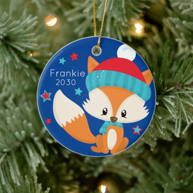 Personalised Baby Woodlands Fox Christmas Ceramic Ornament (Tree)