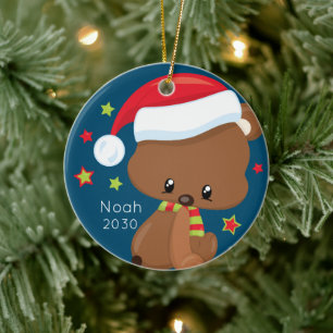 Personalised Baby Woodlands Santa Bear Christmas Ceramic Ornament
