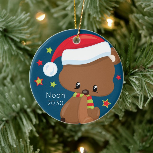 Personalised Baby Woodlands Santa Bear Christmas Ceramic Ornament (Tree)