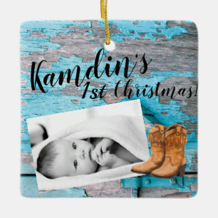 Personalised Baby XMAS Ornament Blue Wood Barn Doo