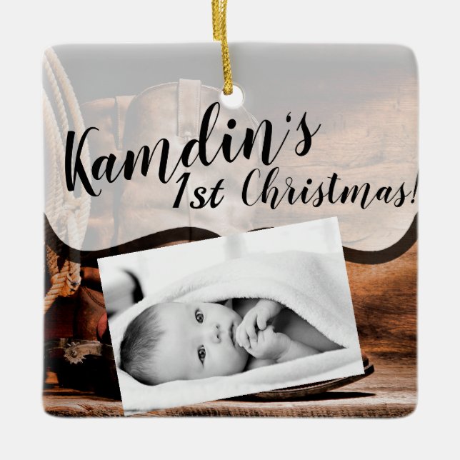 Personalised Baby XMAS Ornament Cowboy Boots Barn (Front)