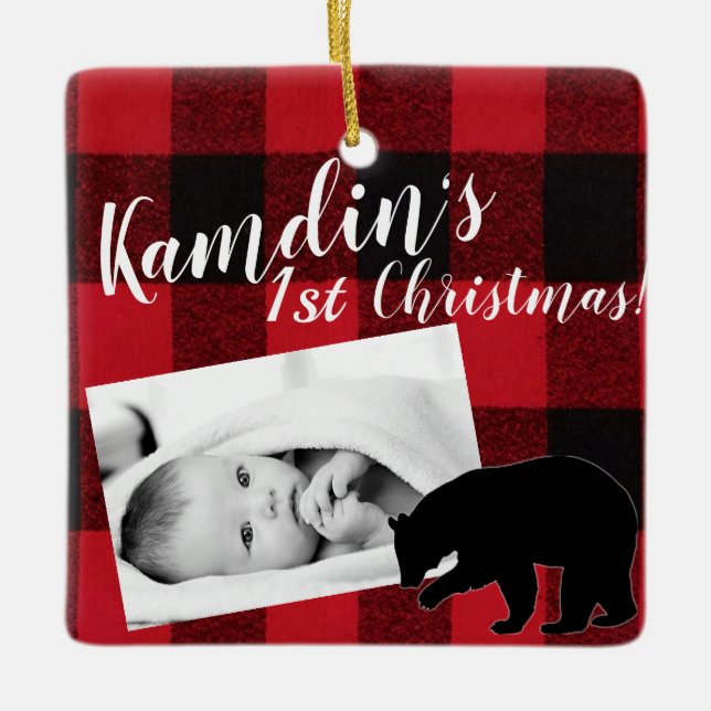 Personalised Baby XMAS Ornament Red Buffalo Plaid (Front)