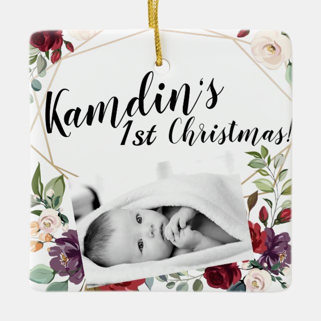 Personalised Baby XMAS Ornament White Roses Gold G (Front)