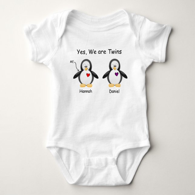 Personalised Baby Yes, We Are Twins Penguin Baby Bodysuit (Front)