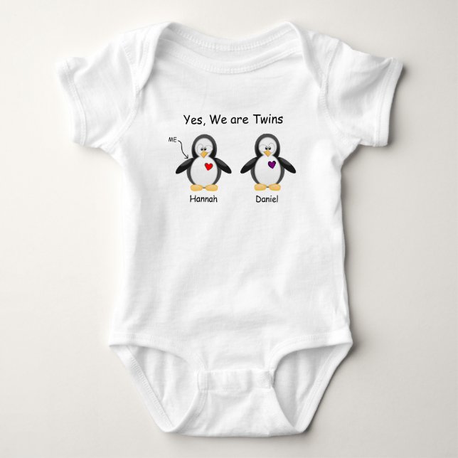 Personalised Baby Yes, We Are Twins Penguin Bodysuit (Front)