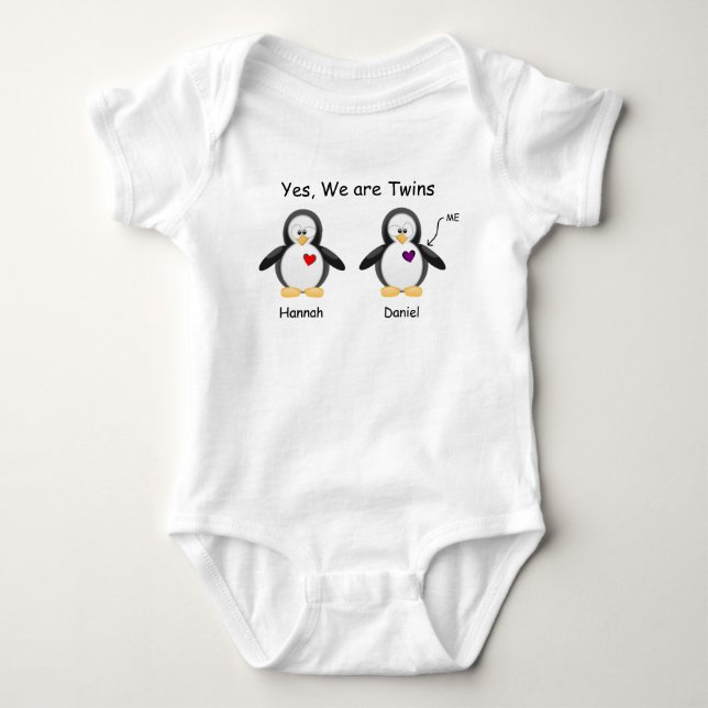Personalised Baby Yes, We Are Twins Penguin Bodysuit (Front)