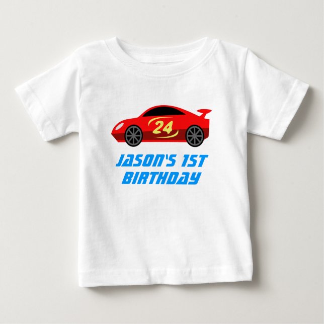 Personalised baby's 1st Birthday race car t shirt (Front)