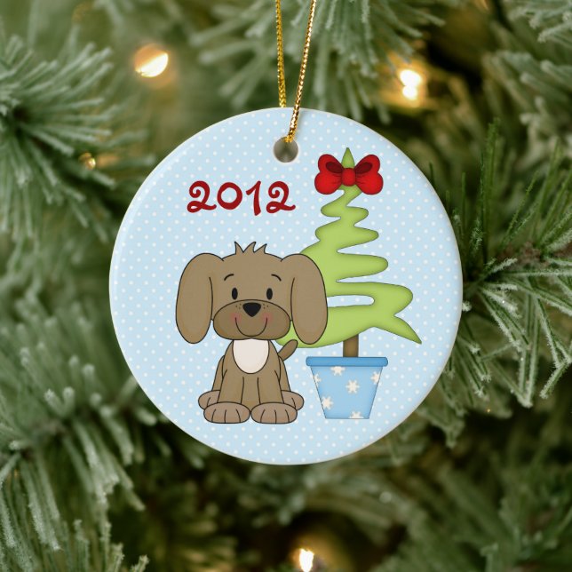 Personalised Baby's 1st Christmas Cute Puppy Dog Ceramic Ornament (Tree)