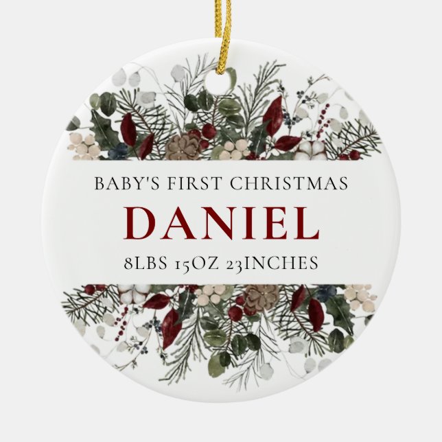 Personalised Baby's 1st Christmas Winter Floral  Ceramic Ornament (Front)