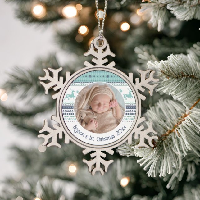 Personalised Baby's First Christmas Blue Reindeer Snowflake Pewter Christmas Ornament (Creator Uploaded)
