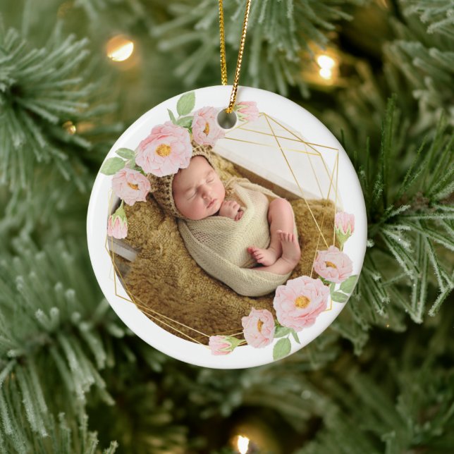 Personalised baby's first christmas flower frame ceramic ornament (Tree)