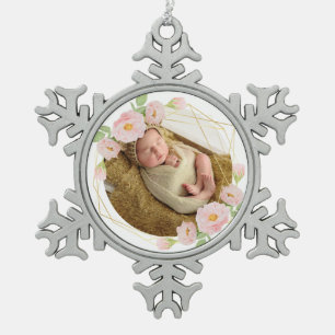 Personalised baby's first christmas flower frame snowflake pewter christmas ornament