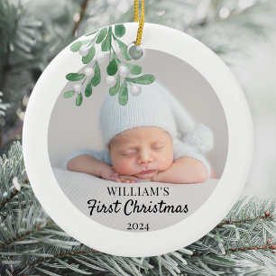 Personalised Baby's First Christmas Foliage Photo Ceramic Ornament