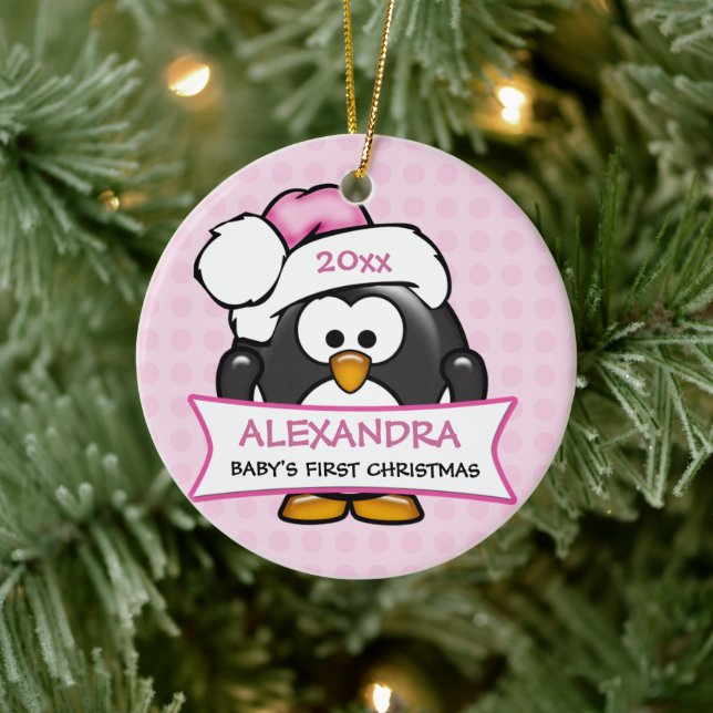 Personalised Baby's First Christmas Penguin Ceramic Ornament (Tree)