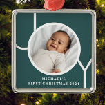 Personalised Baby's First Christmas Photo Green Metal Ornament<br><div class="desc">This keepsake Baby's First Christmas Photo Ornament is decorated with the word JOY on a dark green background.
Easily customisable with your photo,  name,  and year.</div>