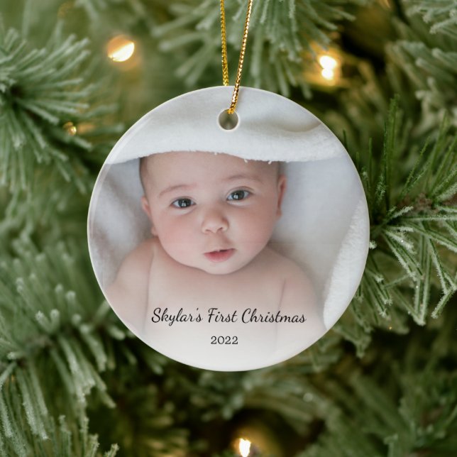 Personalised Baby's First Christmas Photo Name Ceramic Ornament (Tree)