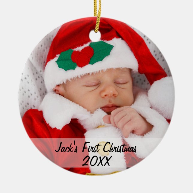 Personalised Babys First Christmas Photo Name Year Ceramic Ornament (Front)