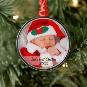 Personalised Babys First Christmas Photo Name Year Metal Ornament