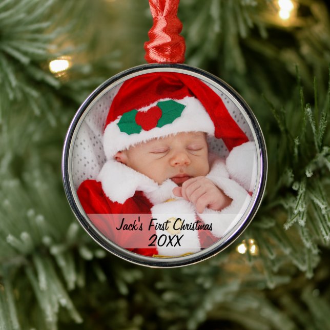 Personalised Babys First Christmas Photo Name Year Metal Ornament (Tree)