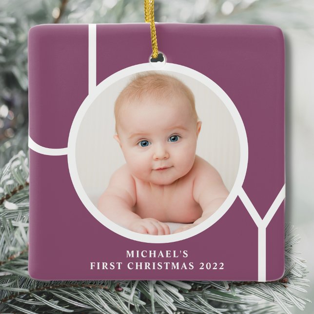Personalised Baby's First Christmas Photo Purple  Ceramic Ornament (Creator Uploaded)