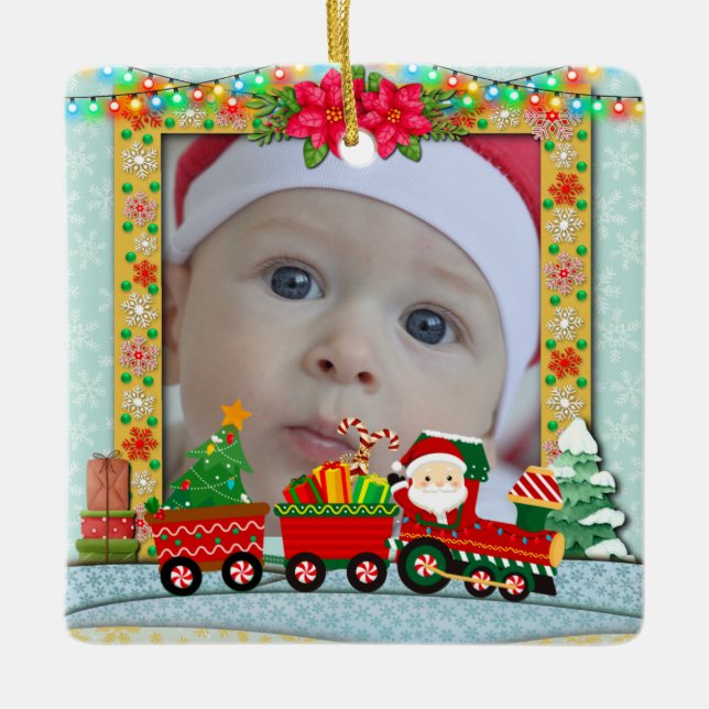 Personalised Baby's First Christmas Photo Train  Ceramic Ornament (Front)