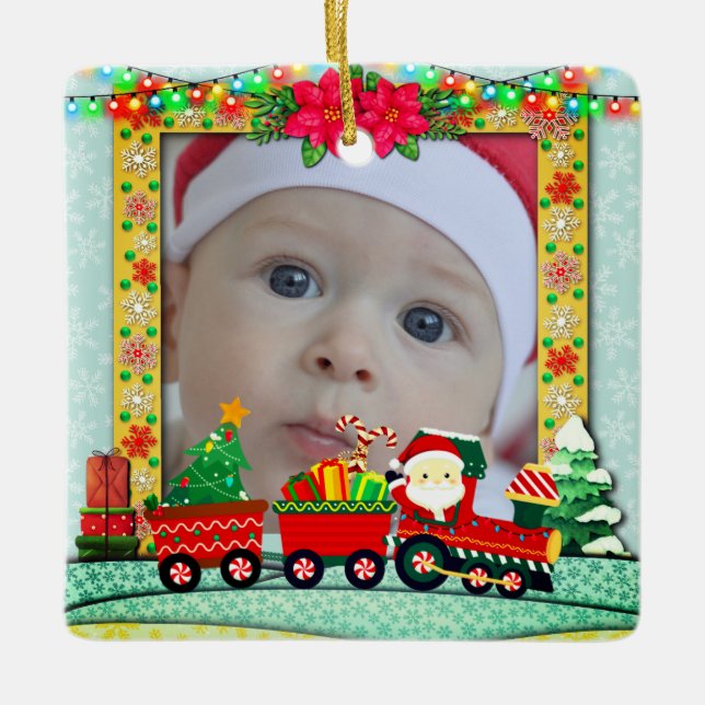 Personalised Baby's First Christmas Photo Train  Ceramic Ornament (Front)