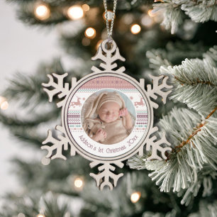 Personalised Baby's First Christmas Pink Reindeer Snowflake Pewter Christmas Ornament