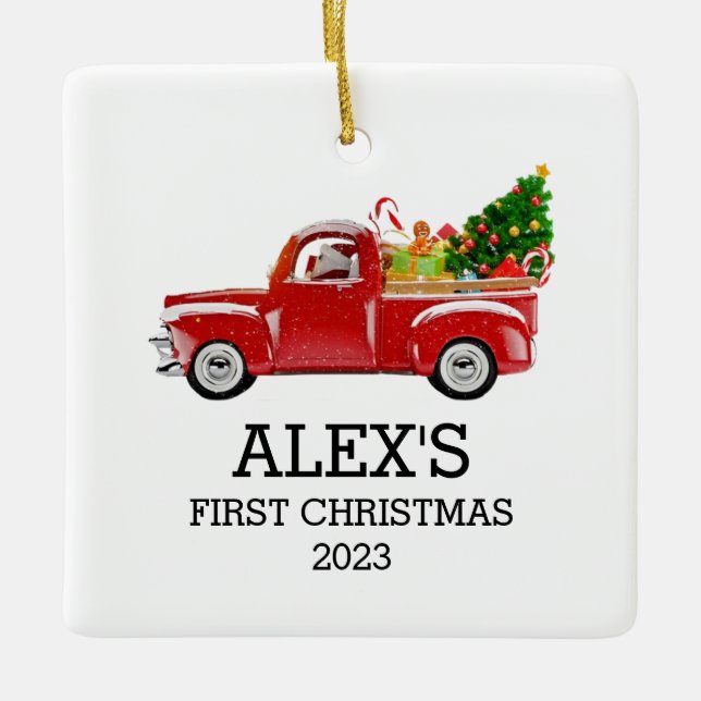 Personalised Baby's First Christmas Red Truck Boys Ceramic Ornament (Front)