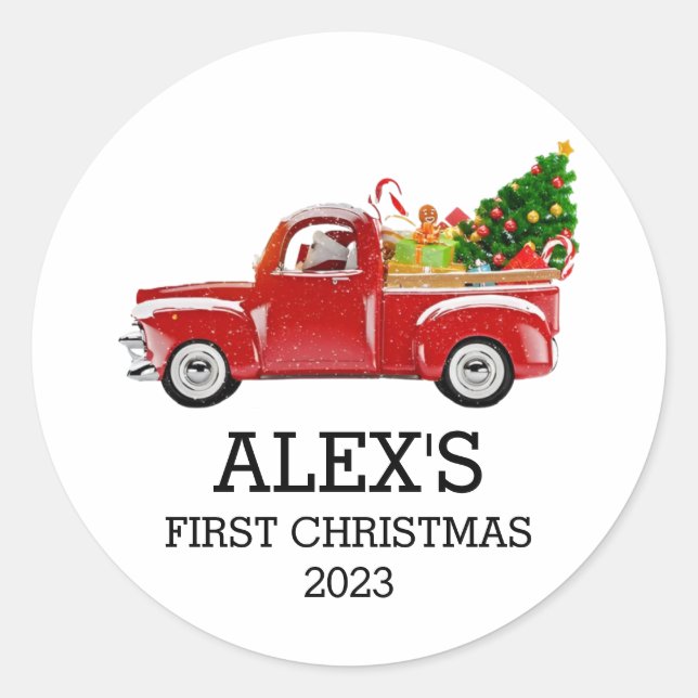 Personalised Baby's First Christmas Red Truck Boys Classic Round Sticker (Front)