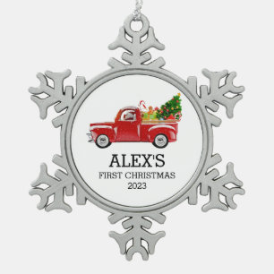 Personalised Baby's First Christmas Red Truck Boys Snowflake Pewter Christmas Ornament