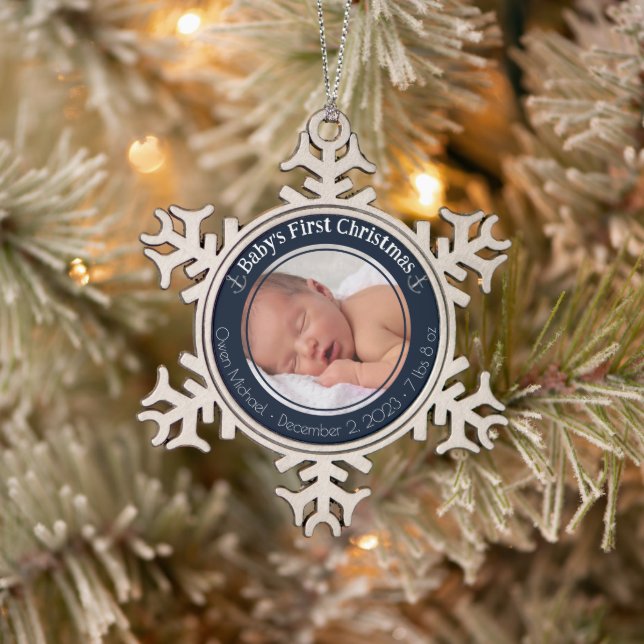 Personalised Baby's First Christmas Snowflake Pewter Christmas Ornament (Tree)