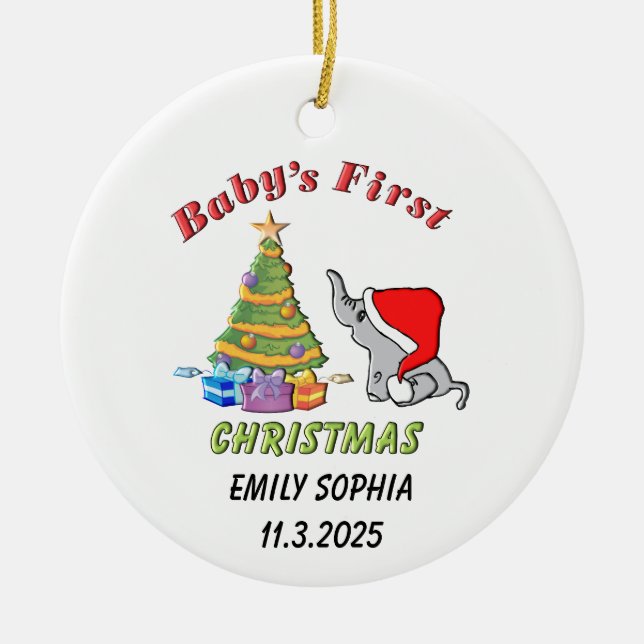 Personalised Baby's First Christmas with Elephant Ceramic Ornament (Front)