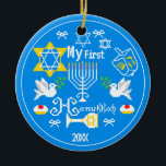 Personalised Baby's First  Hanukkah Ceramic Ornament<br><div class="desc">Happy Hanukkah! Celebrate Hanukkah  this year with beautiful holiday design. Navy blue background with white Menorah and another Hanukkah items.</div>