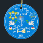 Personalised Baby's First  Hanukkah Ceramic Ornament<br><div class="desc">Happy Hanukkah! Celebrate Hanukkah  this year with beautiful holiday design. Navy blue background with white Menorah and another Hanukkah items.</div>