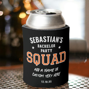 Personalised Bachelor Party Squad Orange Black Can Cooler